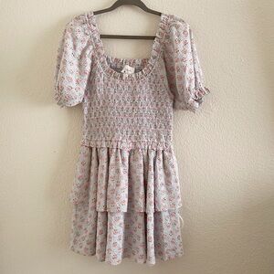 Cleobella Smocked Eyelet Floral Tiered Mini Dress Puff Sleeve